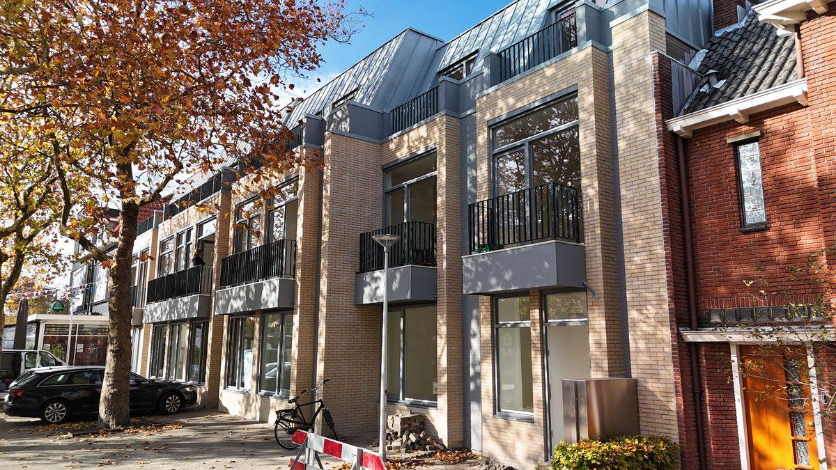 Gevel van Havenhuis: lichte baksteen, grijze erkers en zwarte balkonhekken